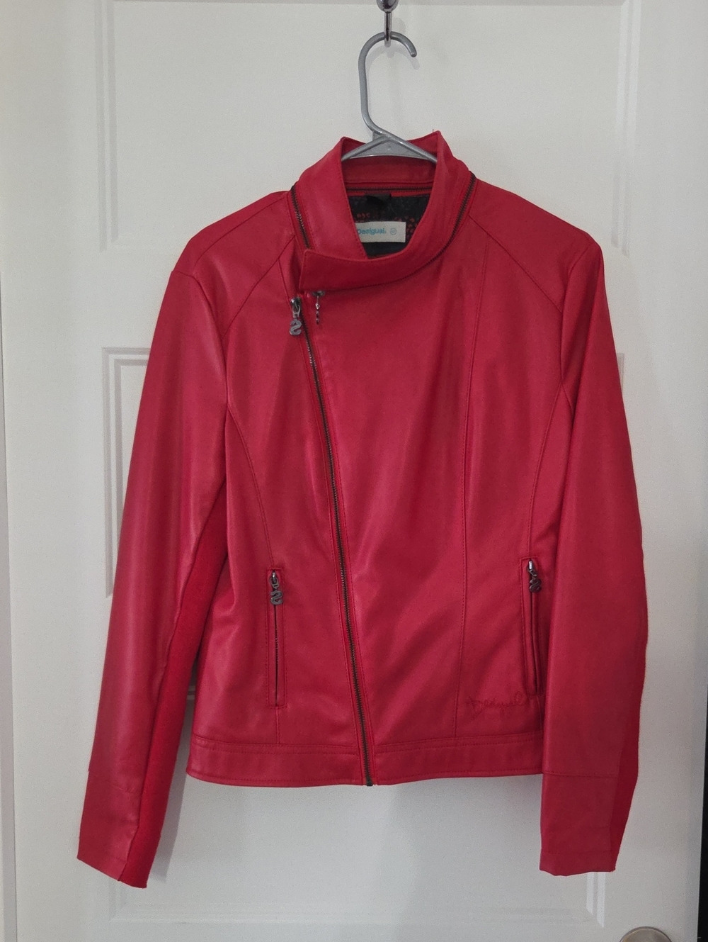 Desigual Red Faux Leather Asymmetrical Zip Jacket